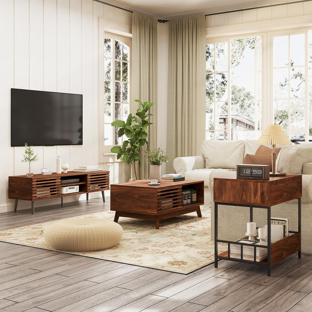 HAIOOU Mid Century Modern TV Stand, 52" Wooden TV Console with Slatted Sliding Doors and Storage for 50/55/60 Inch TV, Small Entertainment Center Media Console Cabinet for Living Room - Walnut Brown