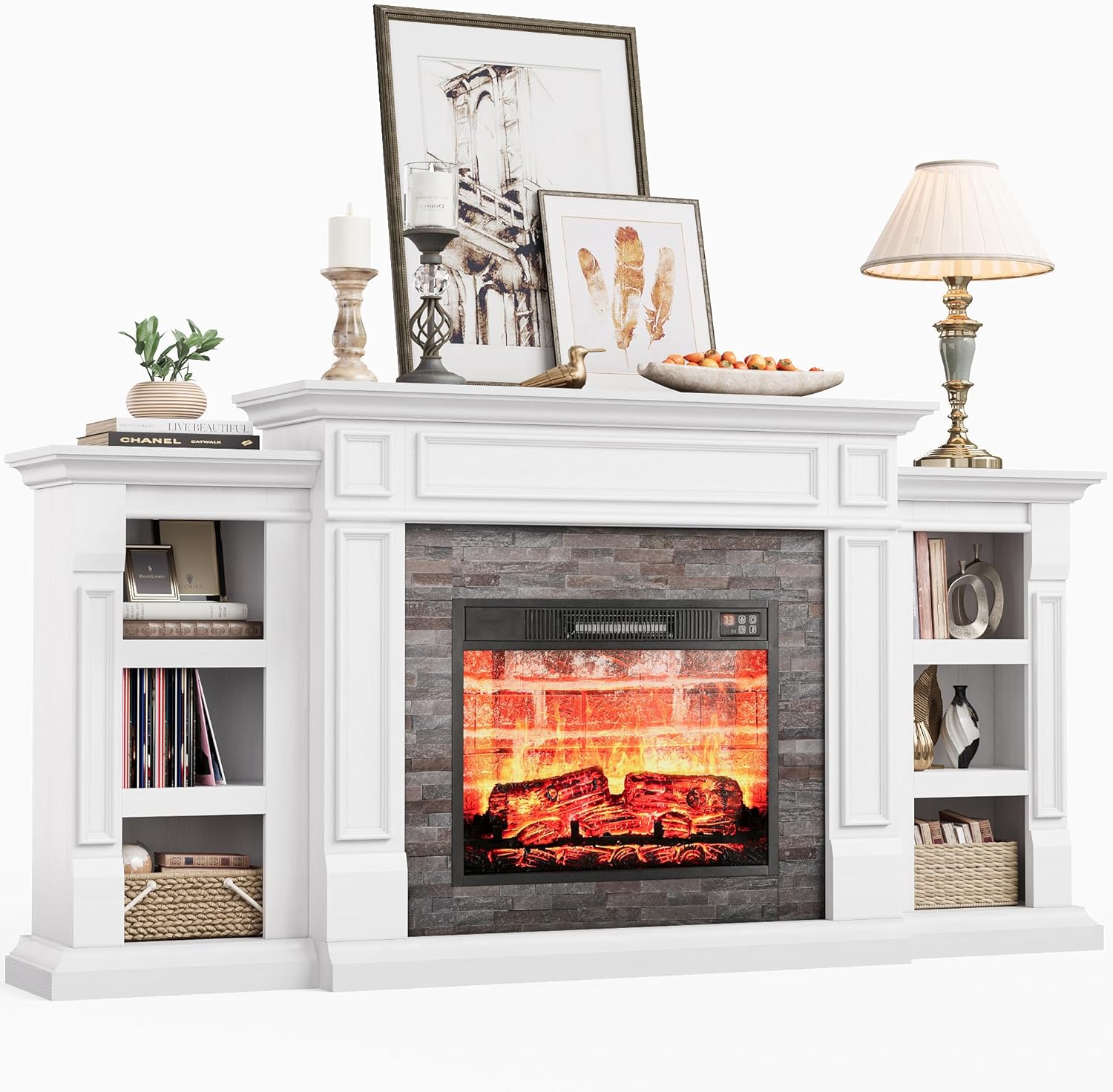 Naice 72" Electric Fireplace with Mantel and Cabinets, Fireplace TV Stand for Living Room Bedroom, Stacked Stone Surround and Remote Control 3D Realistic Flame