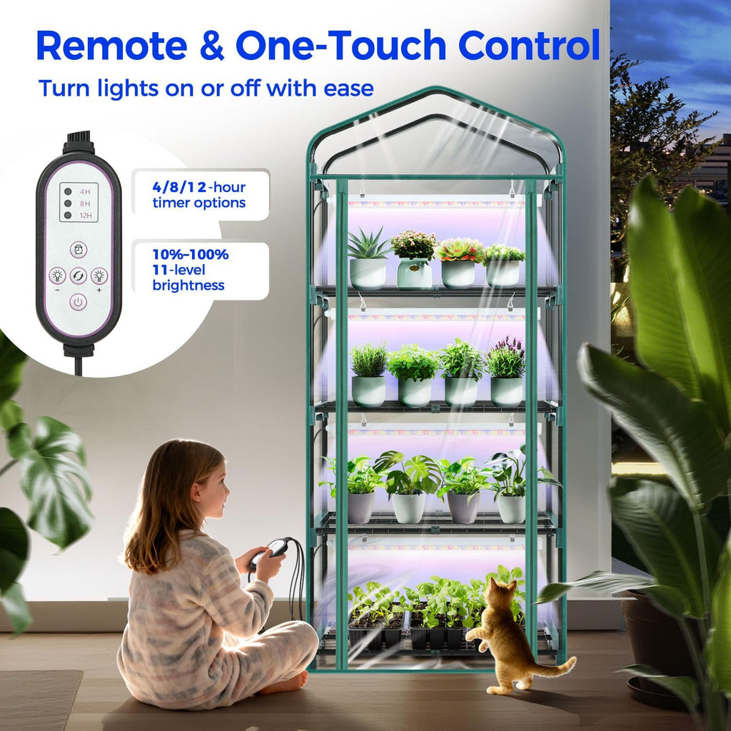 Indoor Greenhouse with Grow Light  Ohuhu 4-Tier Mini Green House for Winter - Full Spectrum Greenhouses for Seed Starting Small Portable Green Houses Waterproof PVC Cover & Adjustable Shelves