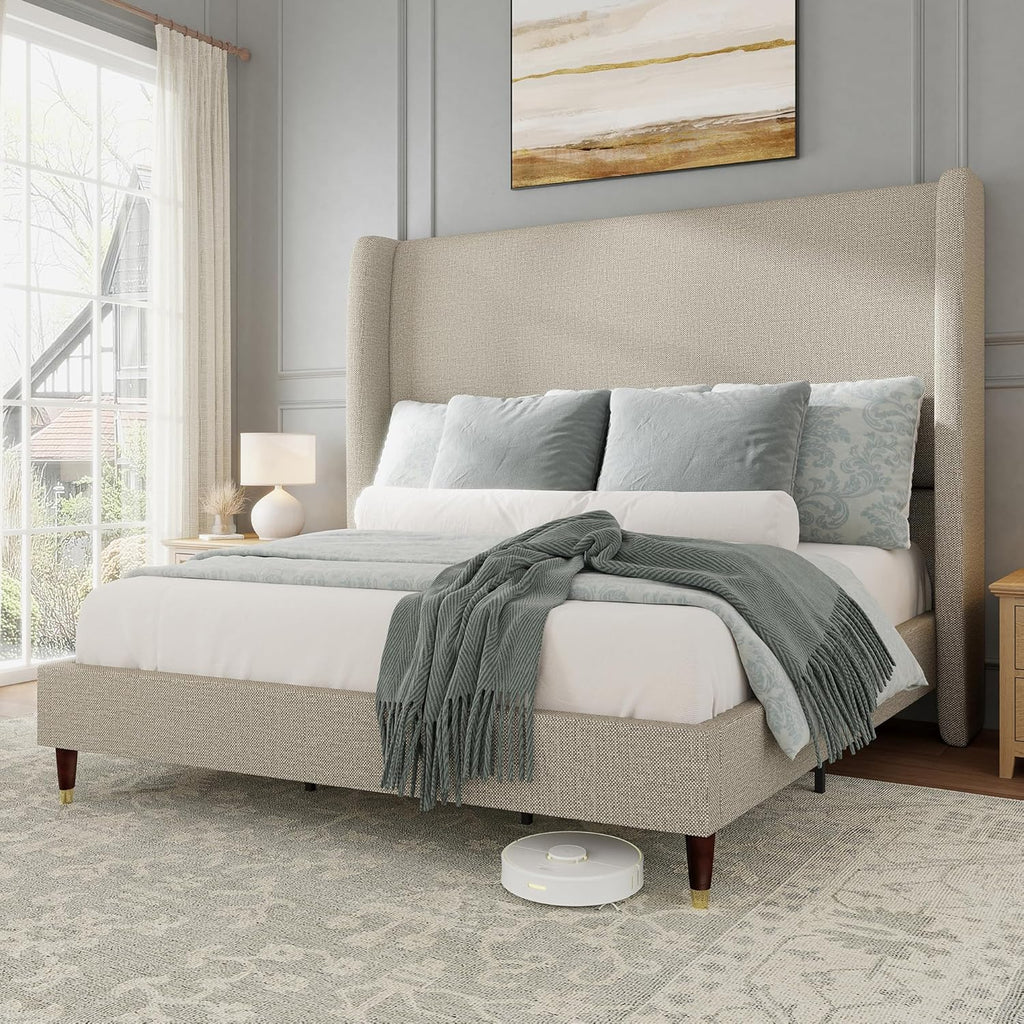 Jocisland King Upholstered Platform Bed Frame with 51.2" Tall Wingback Headboard–Solid Wood Legs, No Box Spring Needed, Brown Linen–Modern Style for Any Bedroom