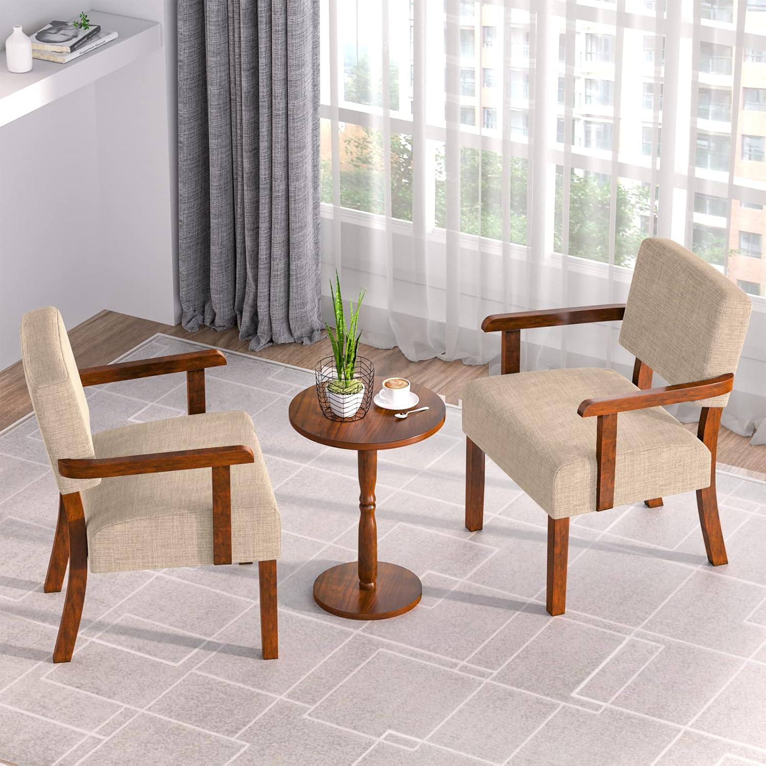 Accent Chair Set of 2 with Table, Living Room Chairs with Soft Seat and Armrests for Living Room Bedroom Reading Room Waiting Room (Beige) (AC01)