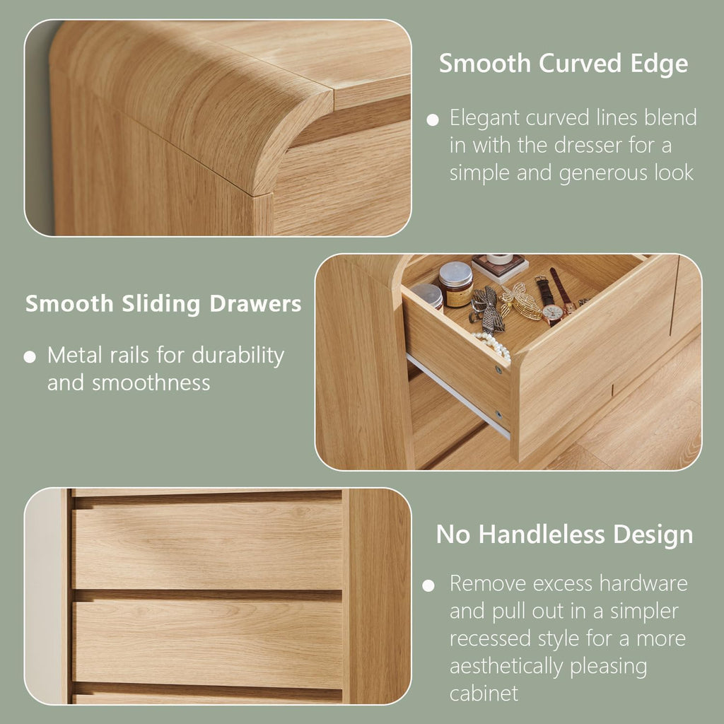 Modern 7 Drawers Dresser for Bedroom, 55" Tall Dressers & Chest of Drawers w/Curved Profile Design, Wood Mid Century Vertical Storage Dressers Organizer for Bedroom, Living Room, Natural Oak
