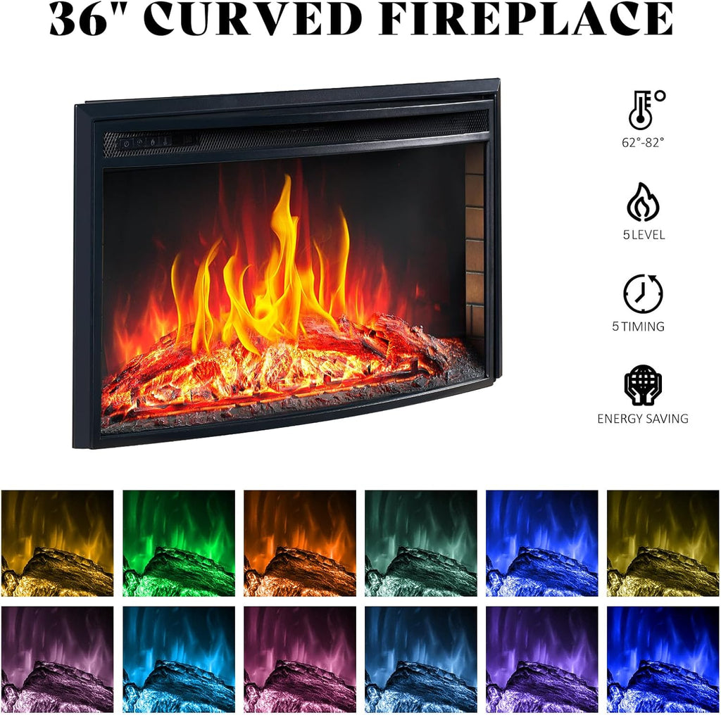 AMERLIFE 70" Farmhouse Fireplace TV Stand with 36'' Curved Electric Fireplace, LED Media Console with 2 Drawers & Adjustable Shelves, Fits 80'' TVs, Wash Gray