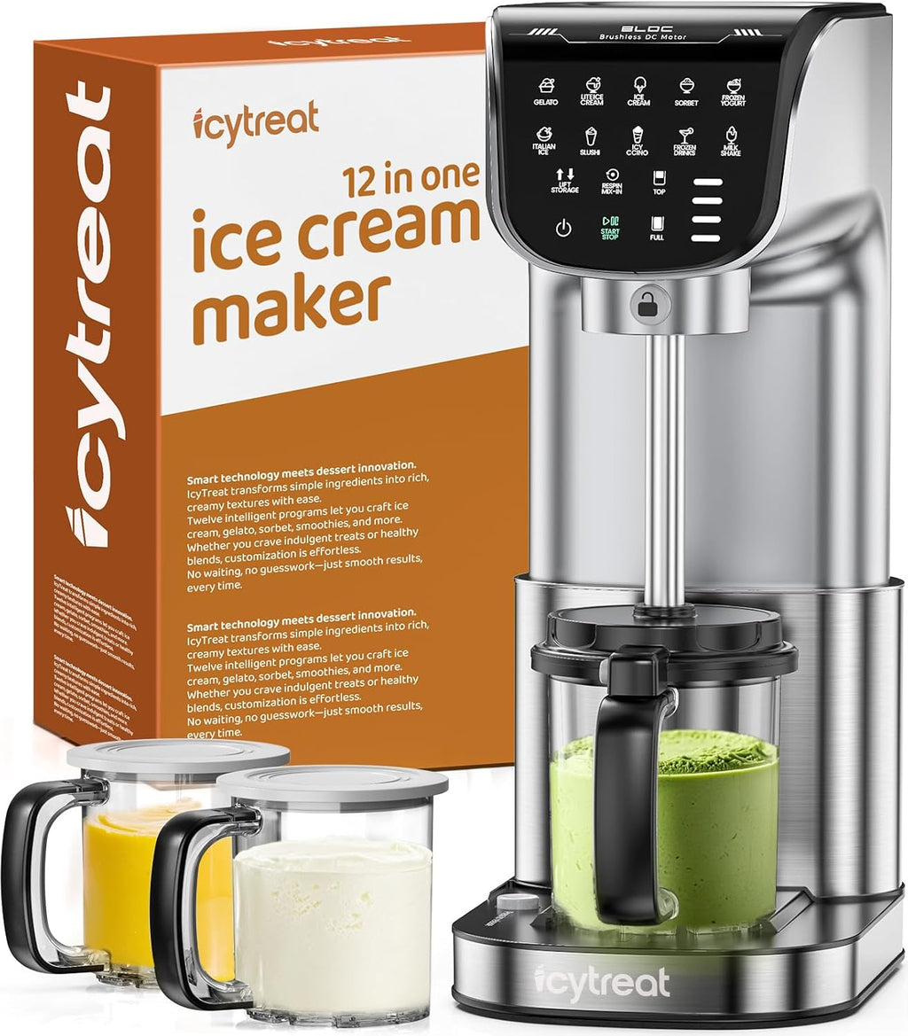 Ice Cream Maker Machine 12-in-1, Full Automatic Stainless Steel Homemade Ice Cream Maker for Sorbet, Milkshake, Frozen Yogurt & More, Easy to Clean Ice Cream Machine, (3) Family-Sized Tritan Tubs