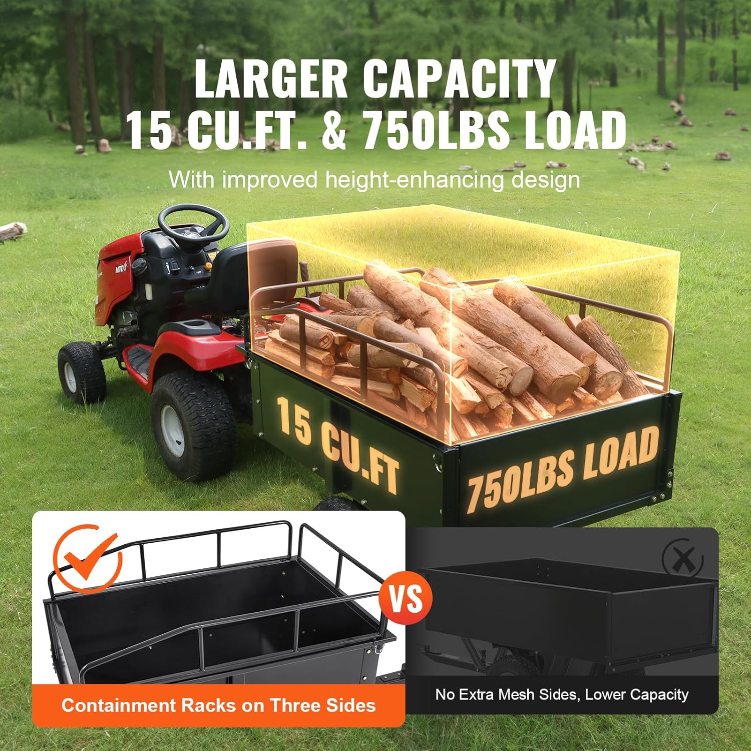 VEVOR Heavy Duty ATV Trailer Steel Dump Cart  750 lbs 15 Cubic Feet  Garden Utility Trailer Yard Trailers with Removable Sides for Riding Lawn Mower Tractor
