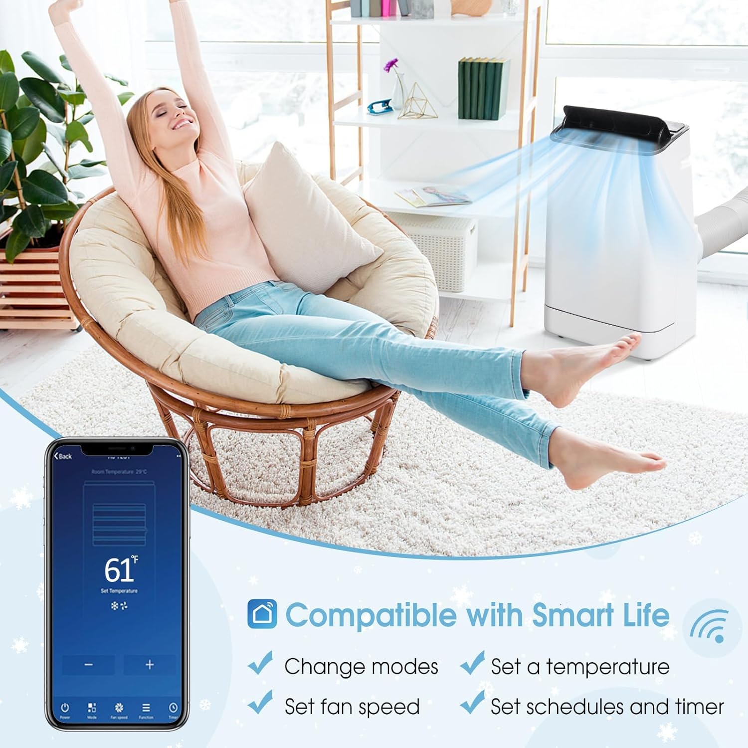 15000 BTU Portable Air Conditioner w/Heating, Dehumidifying, and Auto Swing Functions, APP/Remote Control, 24H Timer, with Window Installation Kit Included, Suitable for Spaces up to 800 Square Feet