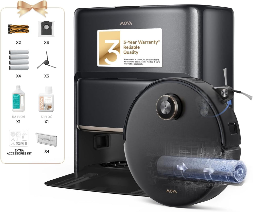 Mova Z60 Ultra Roller Complete Robot Vacuum and Mop, 28,000Pa Suction, 3.14in Obstacle Crossing, AutoShield for Carpet Protection, Zero Tangling Duobrush, Extendable Roller & Side Brush