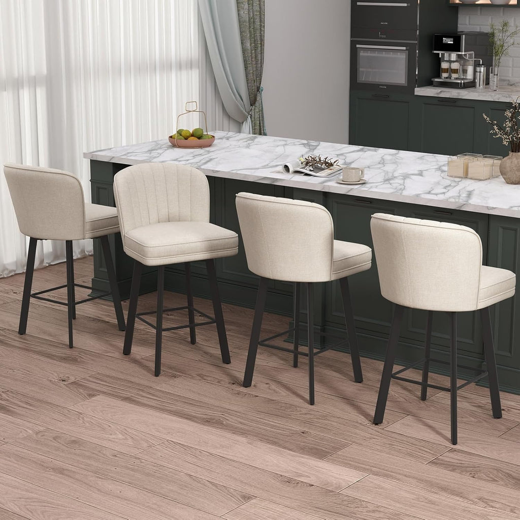 Swivel Counter Height Bar Stools Set of 4, 26'' Modern Barstools with Backs and Metal Legs, Upholstered Bar Chairs, Beige, Fabric Stools for Kitchen Island Chairs