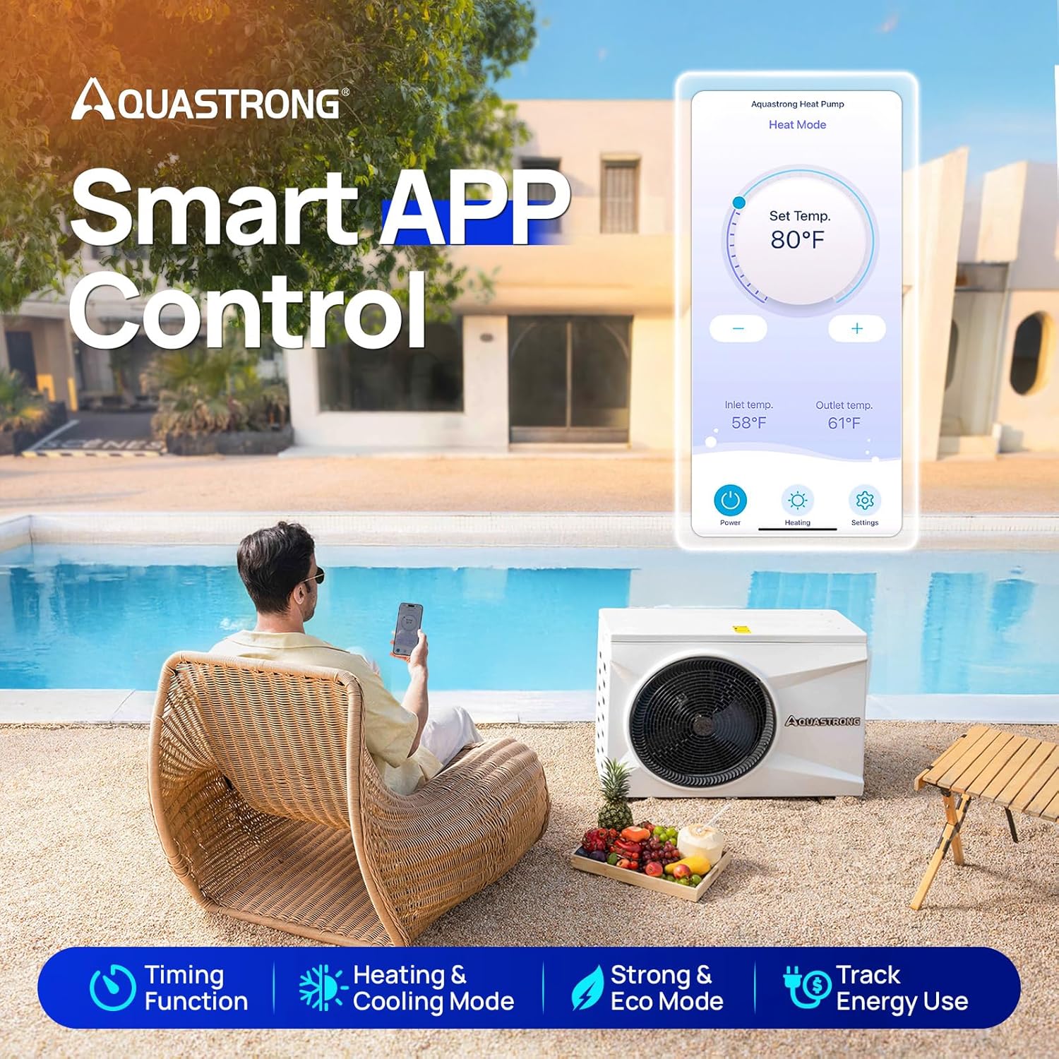 AQUASTRONG Inverter Swimming Pool Heat Pump Pool Heater for Above Ground and Inground Pool Heating and Cooling Pool Heater  Smart WiFi Control Pools Up to  9000 Gallons