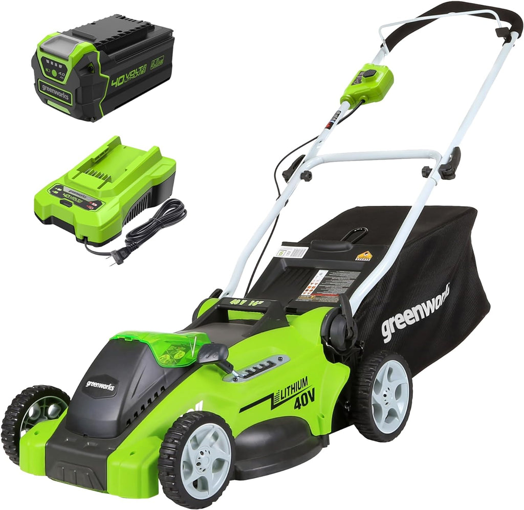 Greenworks 40V 16" Cordless Lawn Mower  Ultra-Light Push Mower with 4.0Ah Battery & Charger(75+ Tool Compatibility  45Min Runtime)