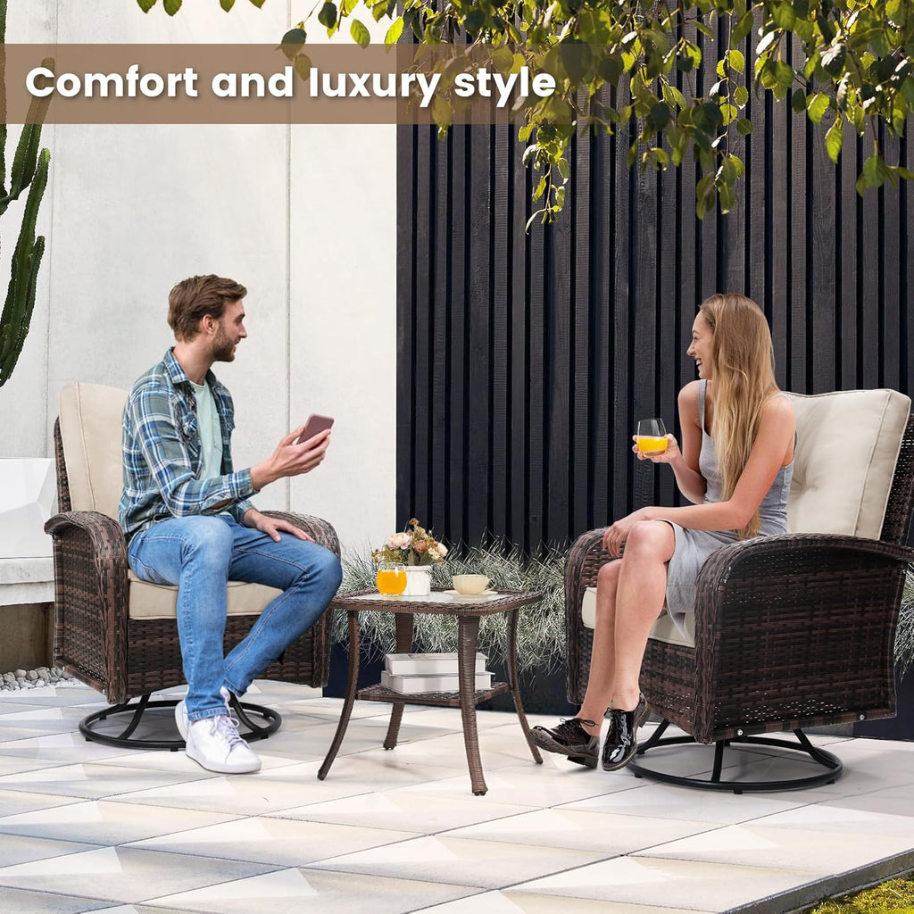 Luxury Outdoor Swivel Wicker Glider Patio Chairs with Table Set  Overstuffed Washable Cushions  Ideal for Porch  Balcony  Deck  Brown Rattan and Beige Cushion