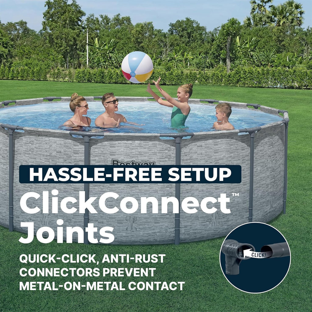 Bestway Steel Pro MAX 14' x 48" Above Ground Pool  Round Metal Frame Outdoor Swimming Pool Set with Filter Pump  Ladder  and Cover  Gray Stone Print