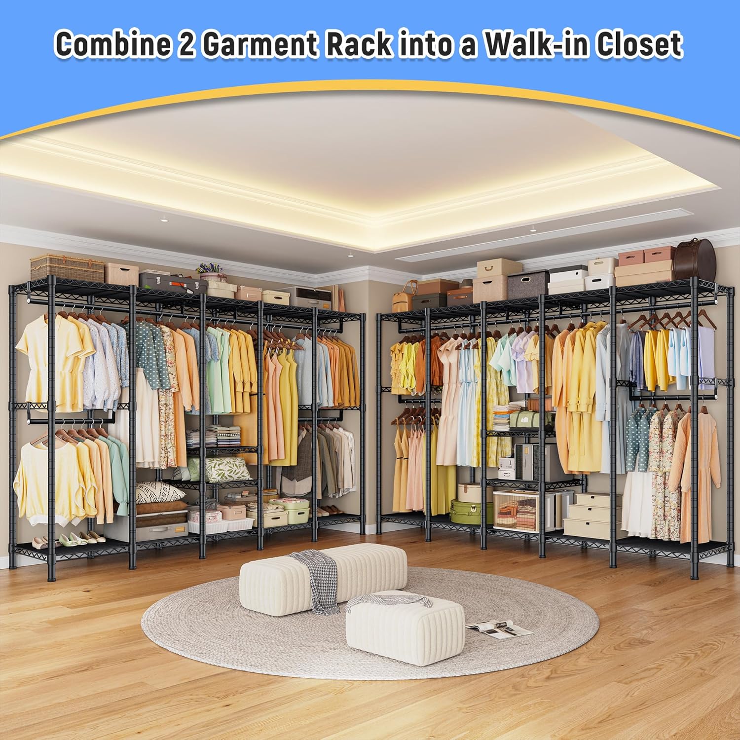 Raybee 88.2" W Clothes Rack Heavy Duty Clothing Racks for Hanging Clothes Extra Wide Portable Closet Loads 1200LBS Freestanding Garment Rack for Bedroom 88.2" W x 75.6" H x 15.7" D, Black