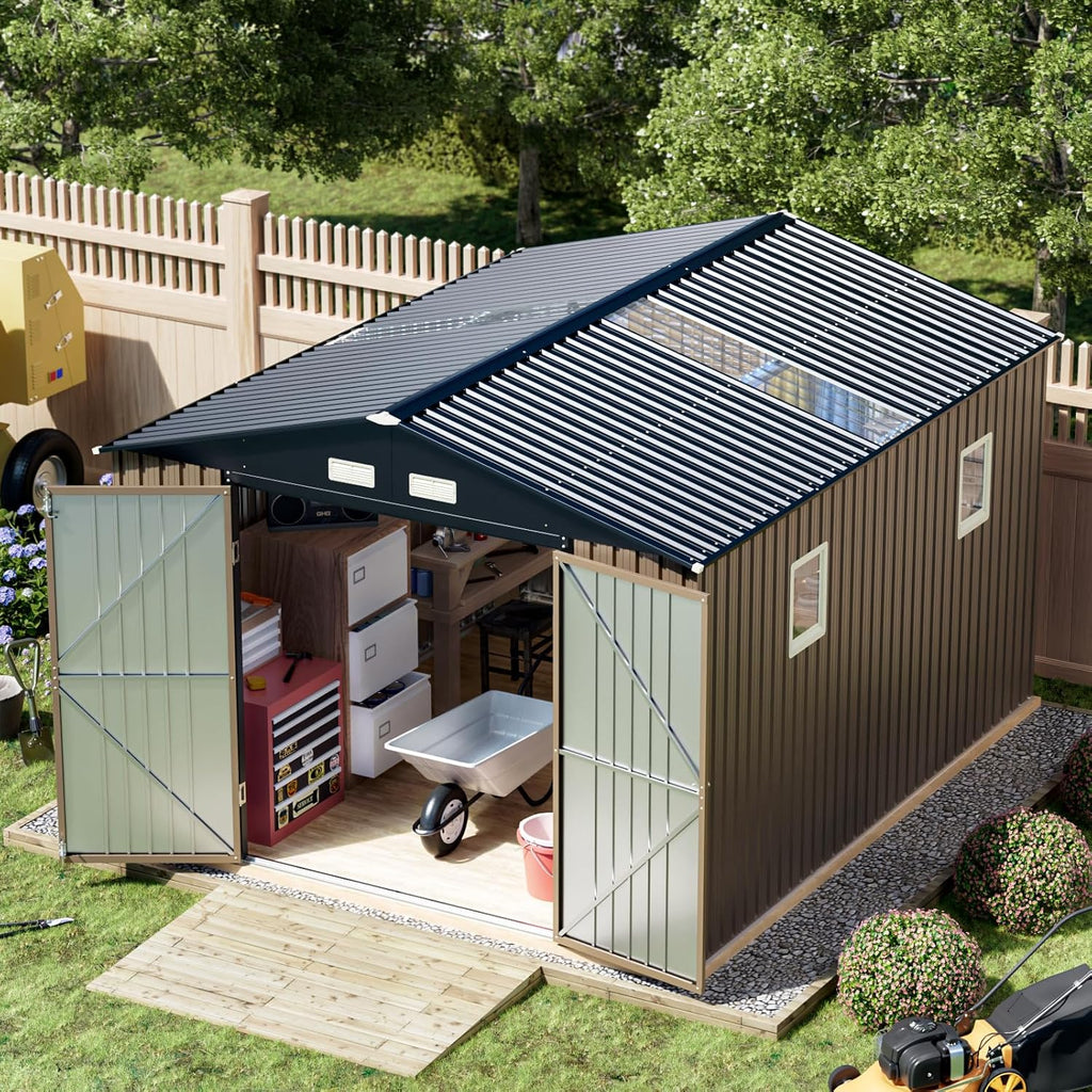 Breezz Outdoor Storage Shed 10 x 12ft. Utility Tool Shed Metal Storage Garden Shed with Lockable Doors  Windows & Metal Frame Floor for Patio Storage Brown