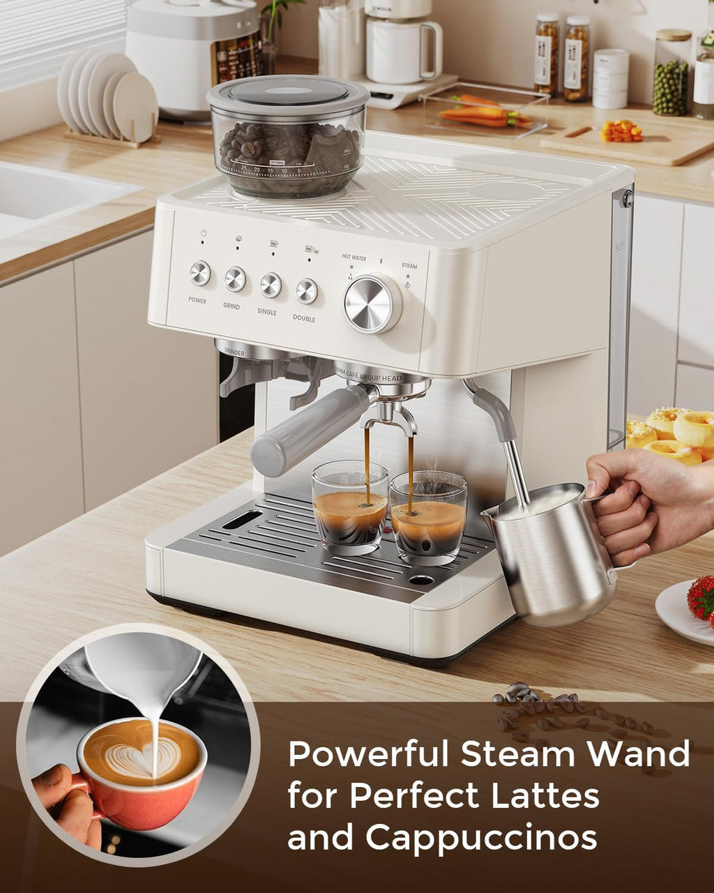 (2026 Upgrade) Espresso Machine with Grinder, 15 Bar Expresso Coffee Machines, Professional Coffee Maker for Latte&Cappuccino with Milk Frother, Expresso Machines for Home Descaling Kit Included White