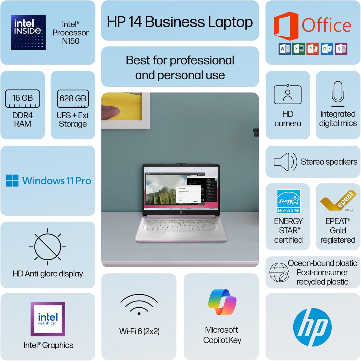 HP 14" Laptop Computer 2025-2026 Business Student  Copilot AI  Lifetime Office  4-Core Intel CPU  16GB RAM  628GB Storage (128GB UFS+500GB Ext)  Wi-Fi 6  10+ Hrs  MarxsolAccessory Win 11 Pro  Lavender