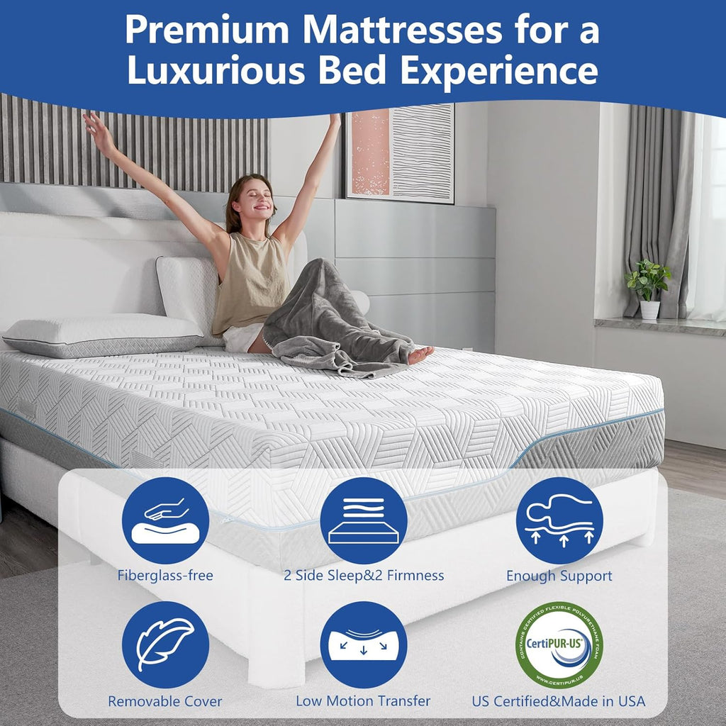 Extra Firm Mattress Queen 14 Inch, Green Tea/Gel Memory Foam Mattress with Fiberglass-Free Cover,Two Side White Medium Firm/Extra Firm High-Density-Mattress for Back Pain,CertiPUR-US,in USA, 80"x 60"