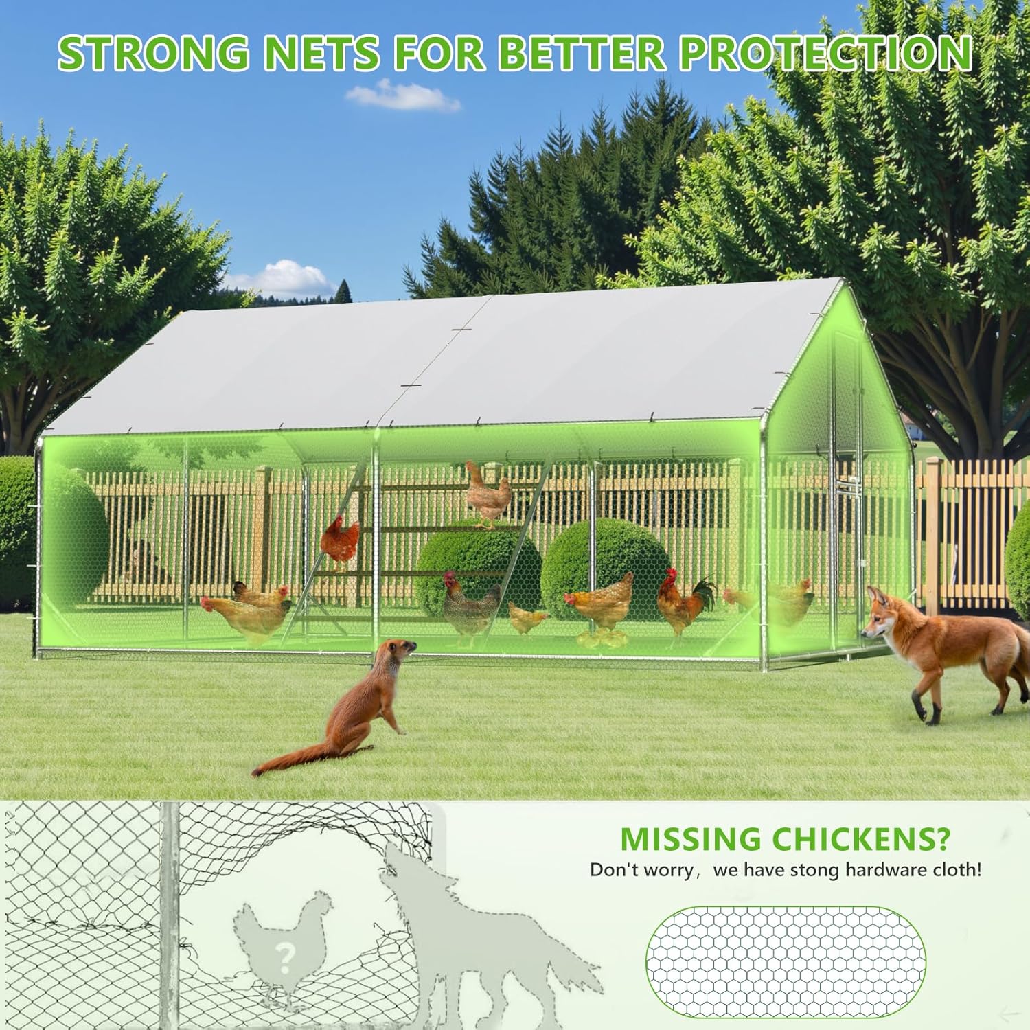 Large Chicken Coop Metal Chicken Run for Yard with Feeding Door Walk-in Chicken Pen for 10-20 Chickens Outdoor Poultry Cage with Anti-UV Cover