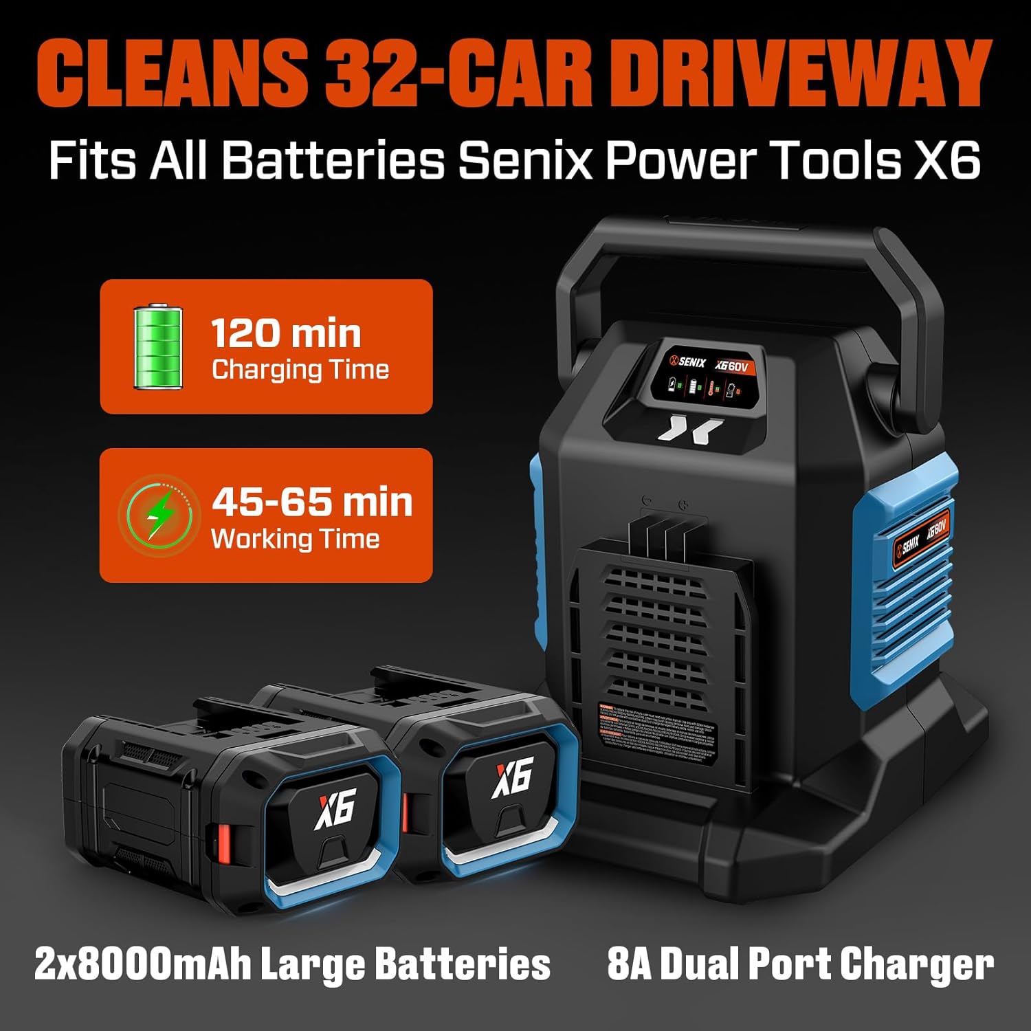 SENIX 60V 21" Cordless Snow Blower  Steel Auger  3500W Brushless Motor  Heated Handle 13" Depth  45FT Throw Distance  LED Lights  16000mAh Batteries(Single Box) & Dual Port Charger 1200lbs/min