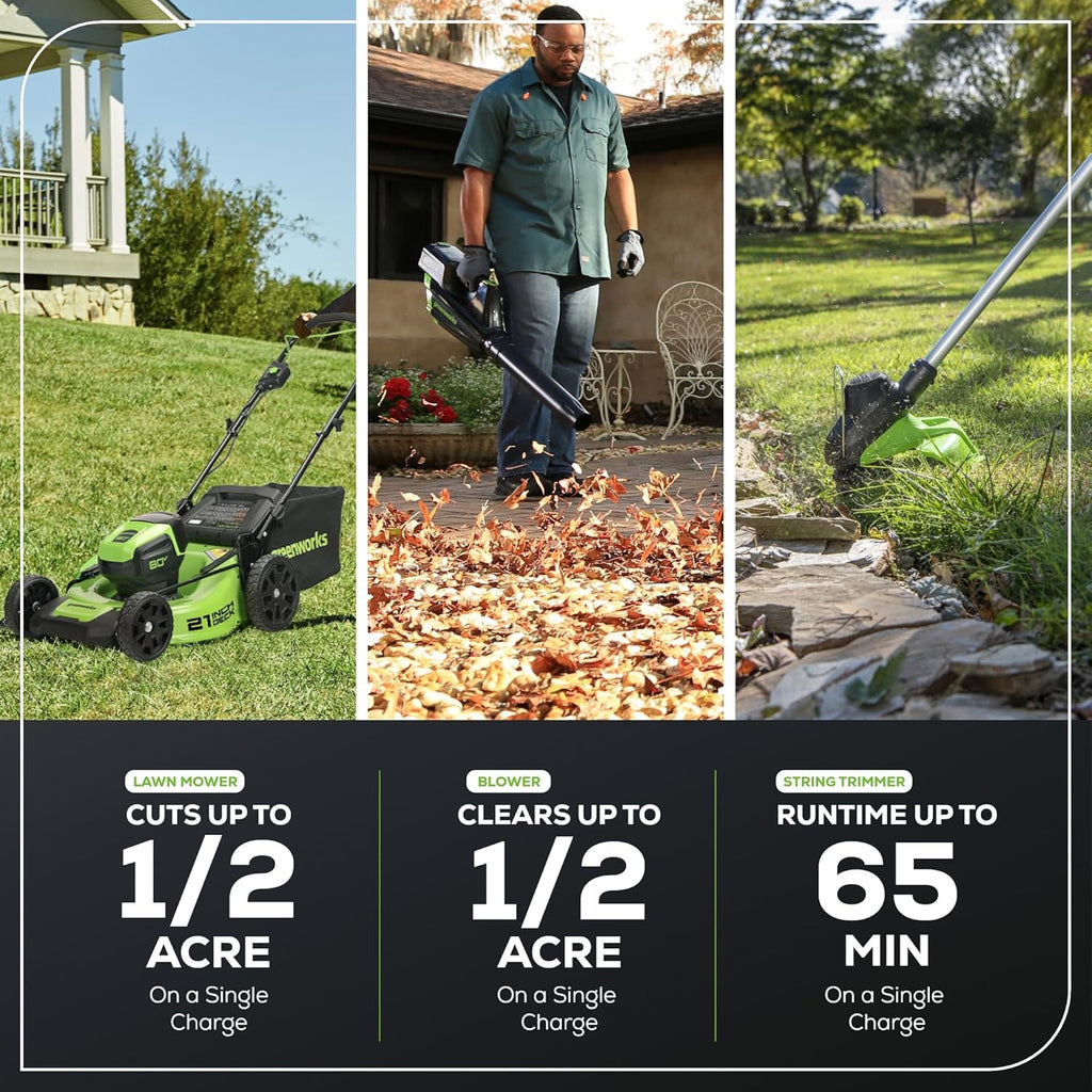 Greenworks 80V 21” Brushless (Push) Cordless Electric Lawn Mower + (500 CFM) Axial Leaf Blower + 13” String Trimmer (75+ Compatible Tools)  (2) 2.0Ah Batteries and 30 Minute Rapid Charger