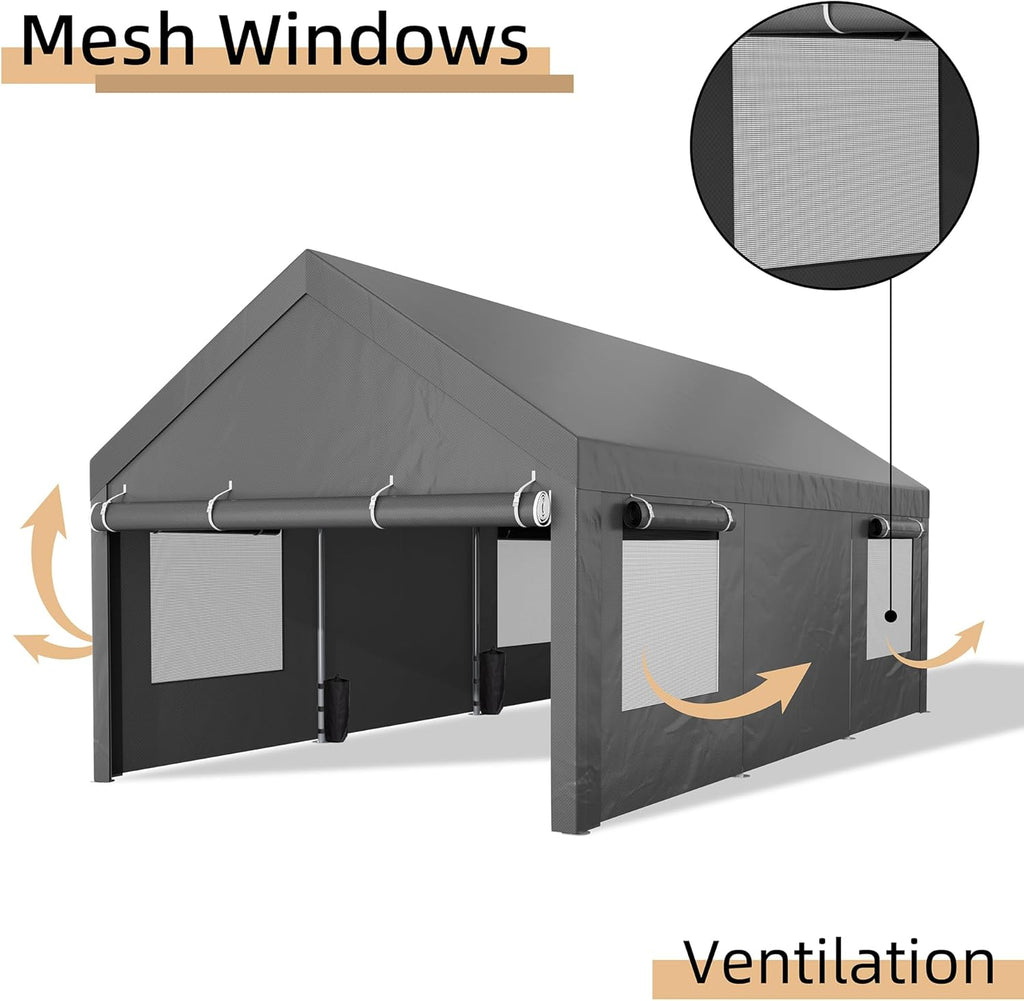 JY QAQA Carport  12x20 FT Heavy Duty Carport with Removable Side Walls and Doors  Portable Garage with Roll-Up Window and Sandbags  Car Canopy with All-Season Tarp for Cars  Trucks  Boats  Grey