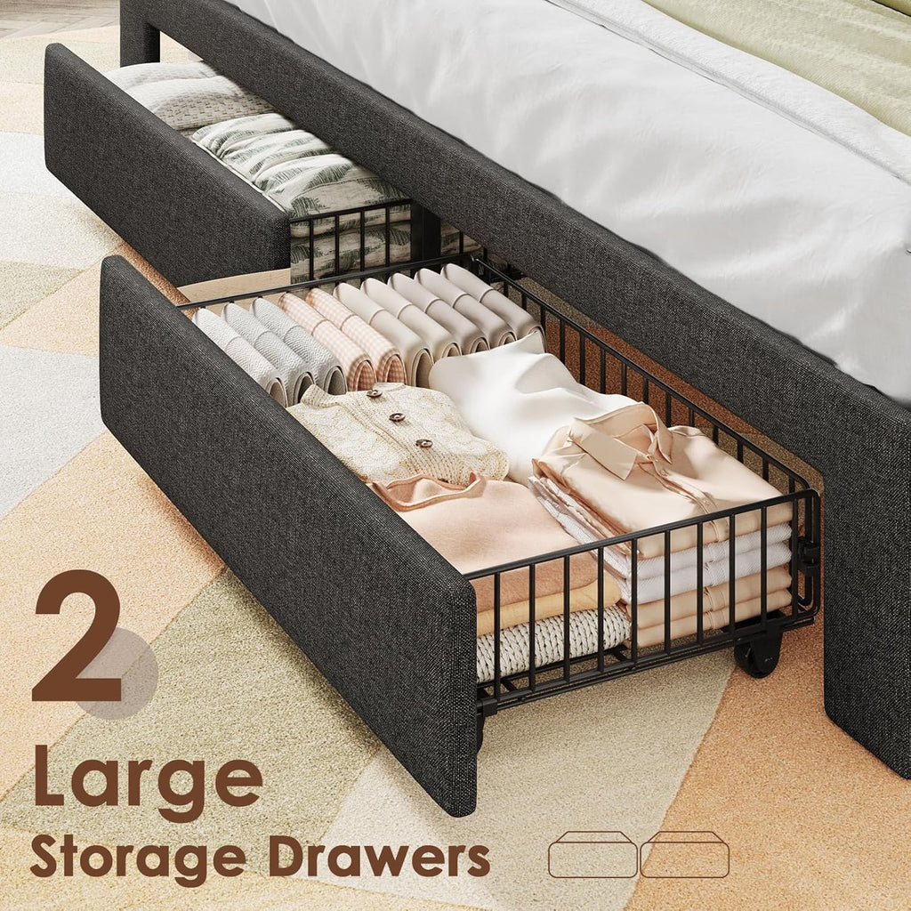 Full Size Bed Frame with 2-Tier Storage Headboard, Upholstered Full Bed Frame with 2 Drawers, Charging Station and LED Lights, No Box Spring Needed, Easy Assembly - Dark Grey
