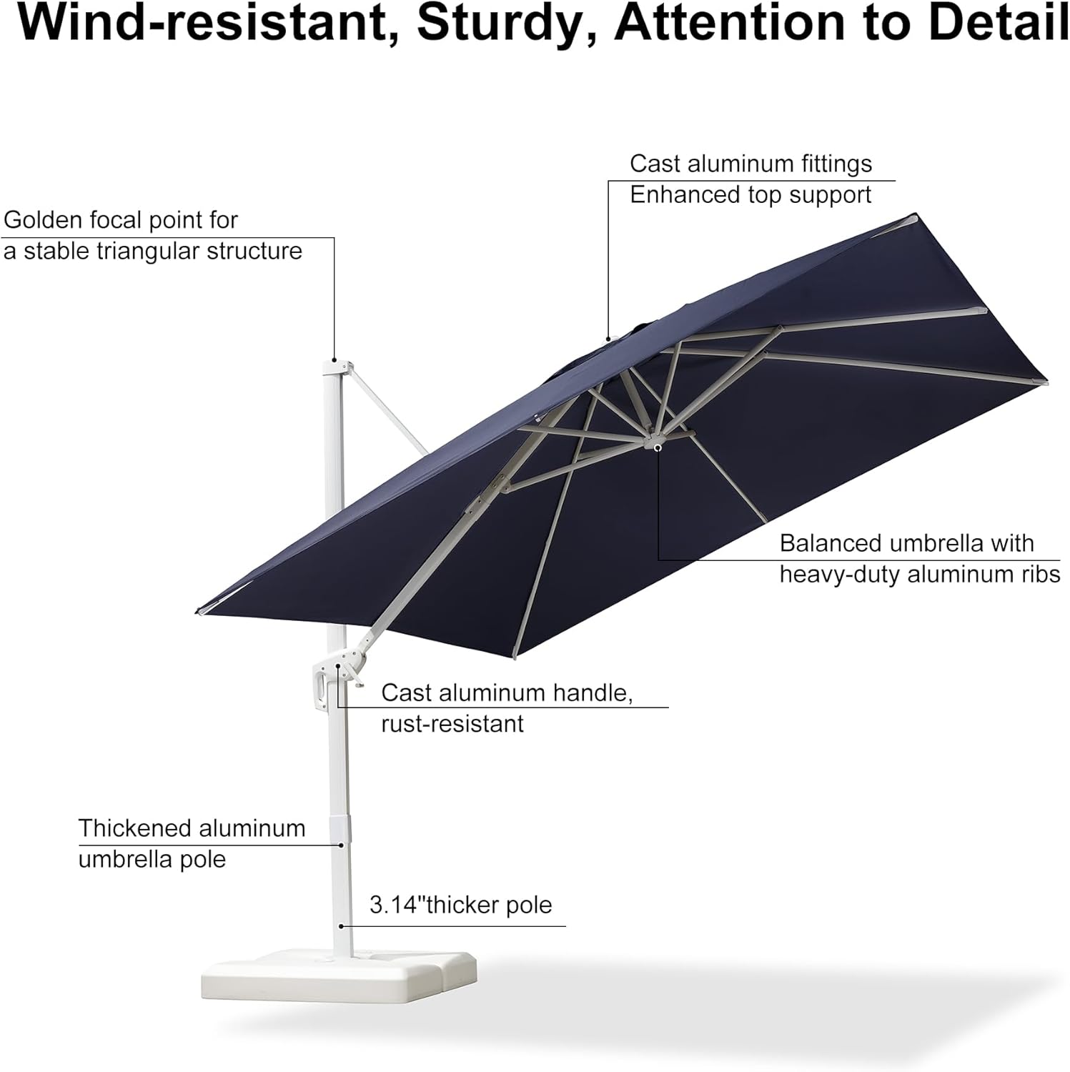 PURPLE LEAF 10 FT Patio Umbrella With Base White Cantilever Umbrella Square Outdoor Offset Umbrella Windproof with 360° Rotation for Garden Deck Pool, Navy Blue