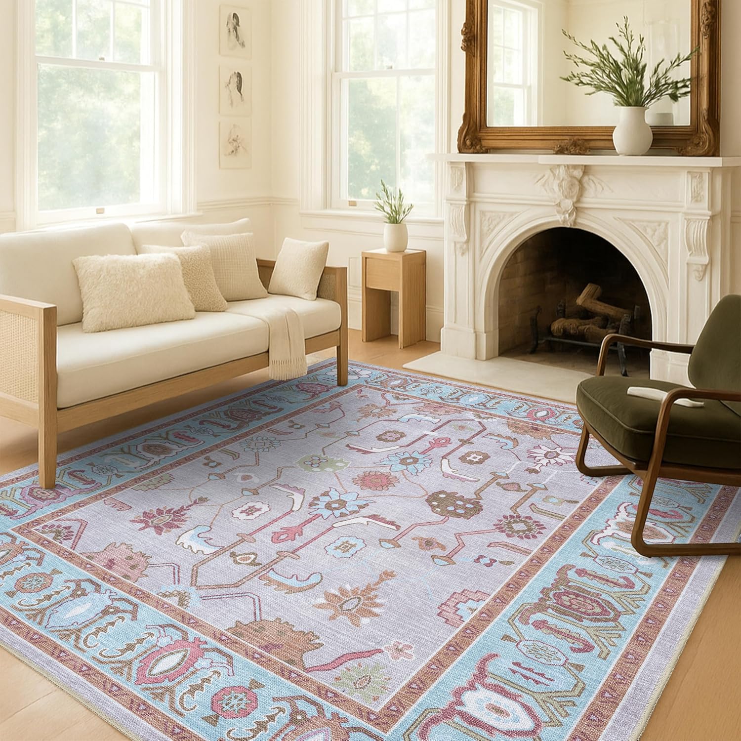 Fame Living Pink Oushak Rug, Modern, Vintage, Turkish, Eclectic, Floral, Pastel, Washable, Area Rugs for Living Room, Dining, Bedroom, Nursery, Girls, Boys, 5'9"x8'9"