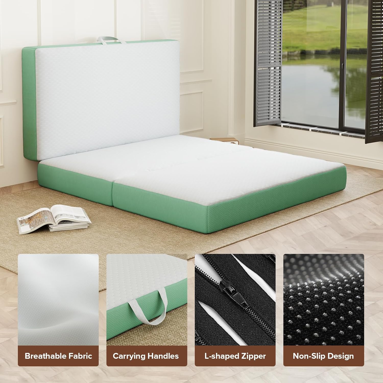 Memory Foam Trifold Mattress, Queen Portable Floor Bed 6 Inch, Foldable Mat with Washable Cover, Handle & Non-Slip Bottom, for RV, Travel, Camping, Yoga, 78"x58"x6", White Green