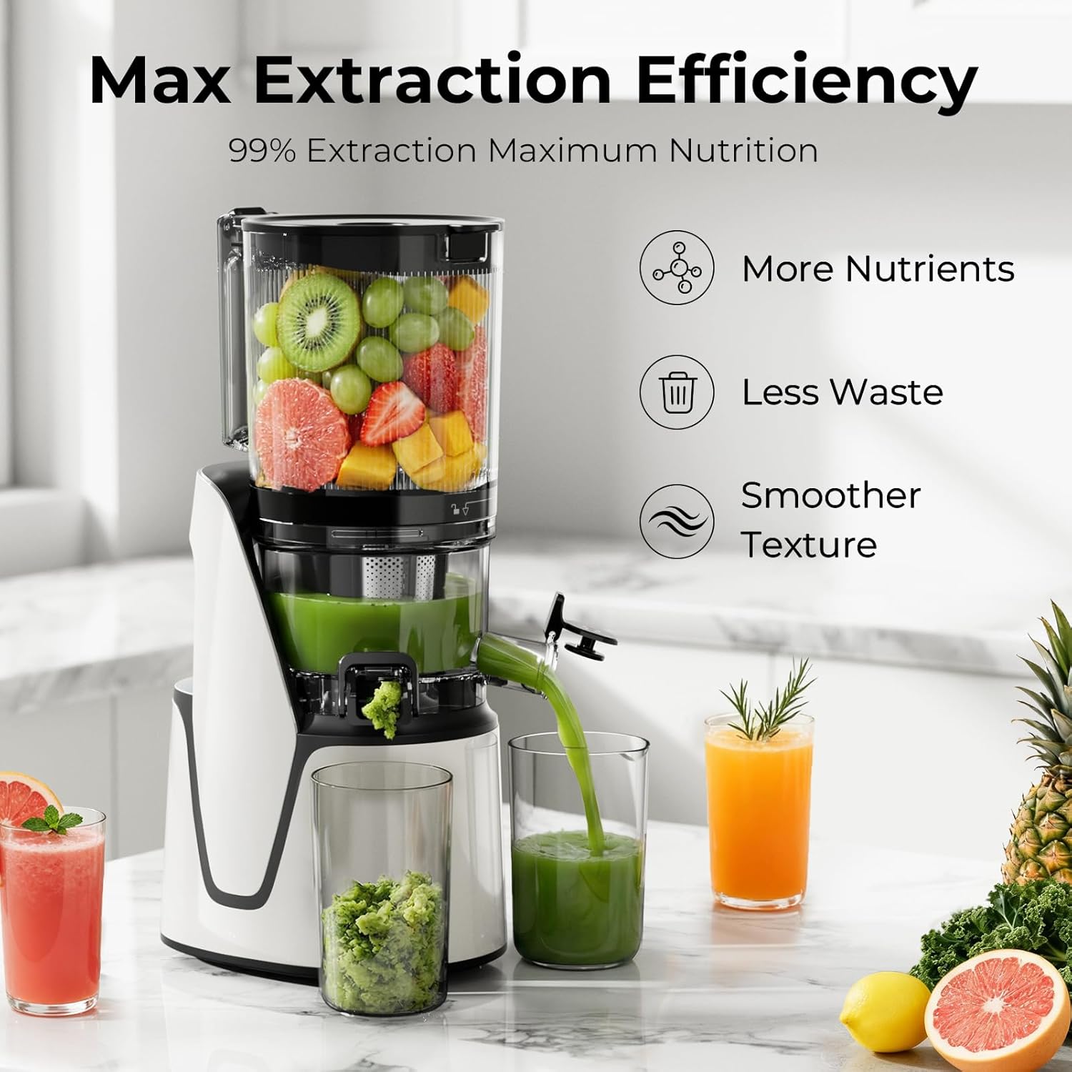Juicer Machines, 3-in-1 Cold Press Juicer with 6.5" Extra Large Chute, 100oz Large Capacity, AC Motor, Makes Juice, Nut Milk & Sorbet, Bright White