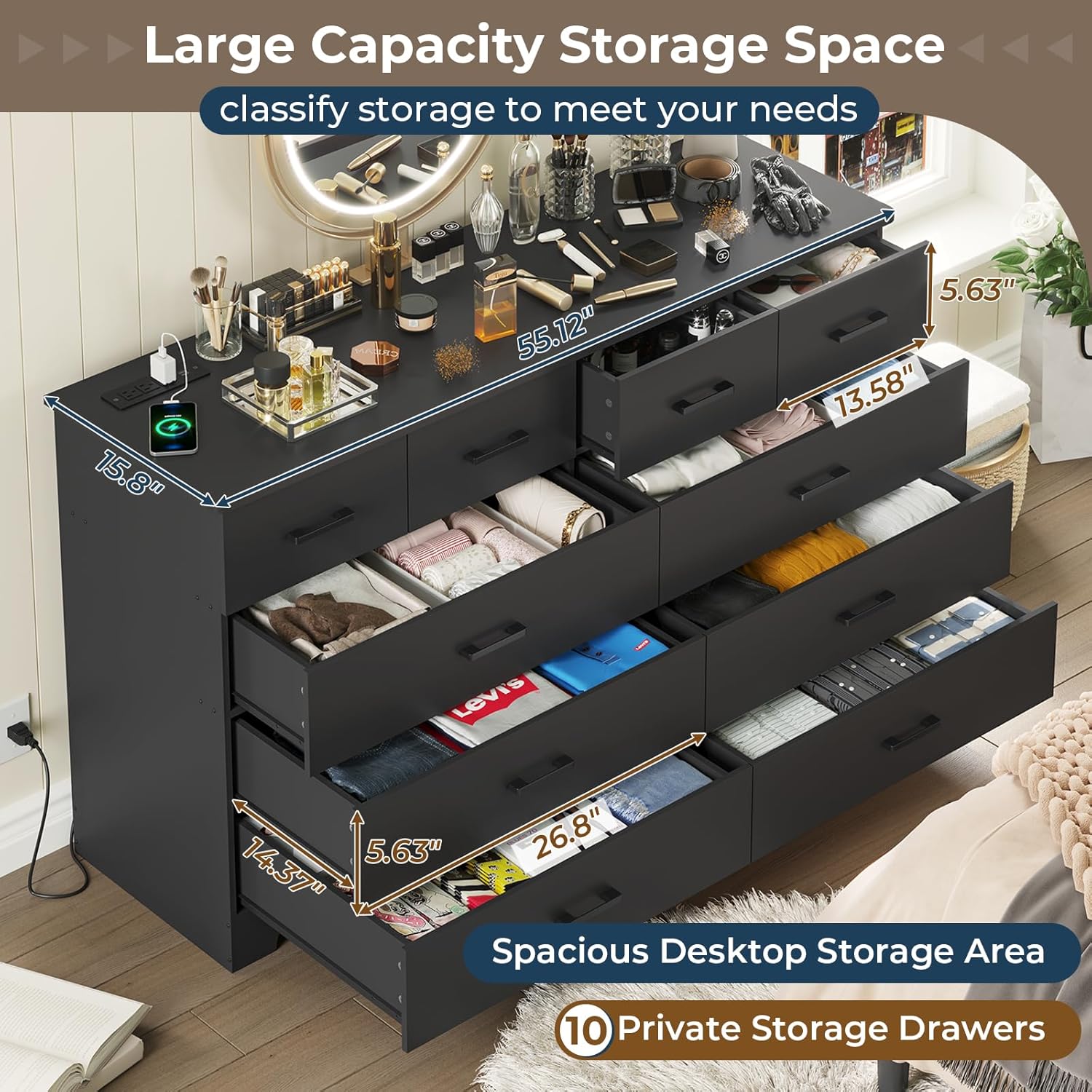 DICTAC Black Dresser for Bedroom with 10 Drawers, Large Chest of Drawers Storage Organizer, Long Dresser TV Stand with Power Outlets, Wide Dressers for Bedroom, Living Room 55.1" W x 32.3" H x 15.8" D