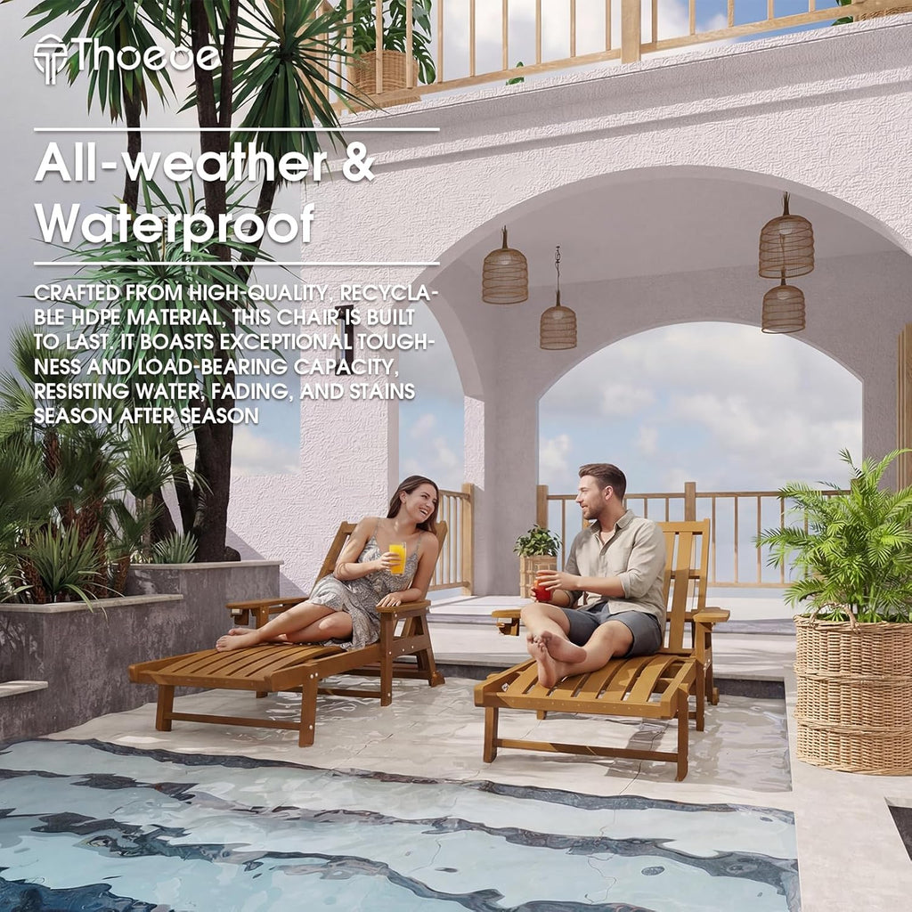 Patio Chaise Lounge Chair  Oversized Lounge Chair Outdoor with 5 Positions  HDPE  Patio Lounge Chair with Wheels & Cup Holder for Pool  Deck  Poolside Wood