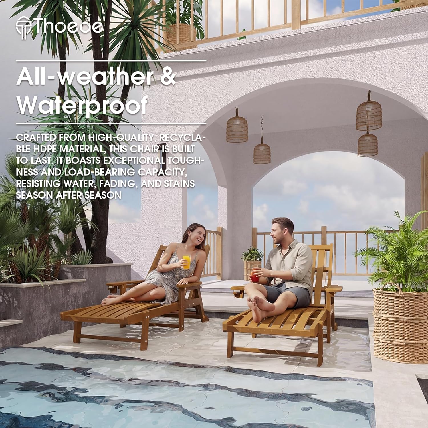 Patio Chaise Lounge Chair  Oversized Lounge Chair Outdoor with 5 Positions  HDPE  Patio Lounge Chair with Wheels & Cup Holder for Pool  Deck  Poolside Wood