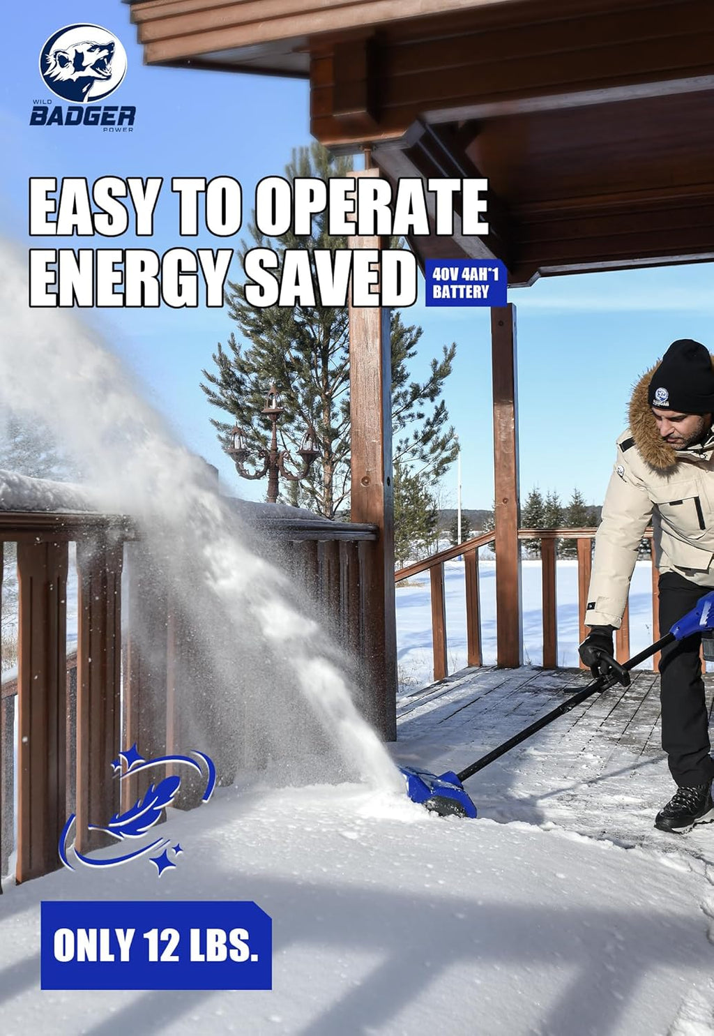 Wild Badger Power 40V Cordless Snow Shovel  12" Brushless  20 FT Throw  8" Depth  4.0Ah Battery & Fast Charger Included  for Steps  Porches  Walkways & Driveways