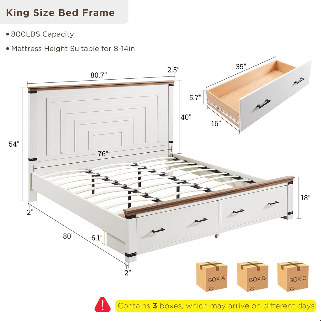 RedLemon Farmhouse King Size Wood Bed Frame with 54" Tall Geometric Headboard, 2 Large Storage Drawers, Solid Wood Slats Support, Noise Free, No Box Spring Needed, Antique White