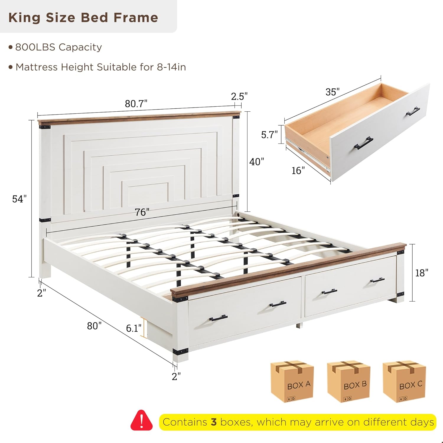 RedLemon Farmhouse King Size Wood Bed Frame with 54" Tall Geometric Headboard, 2 Large Storage Drawers, Solid Wood Slats Support, Noise Free, No Box Spring Needed, Antique White