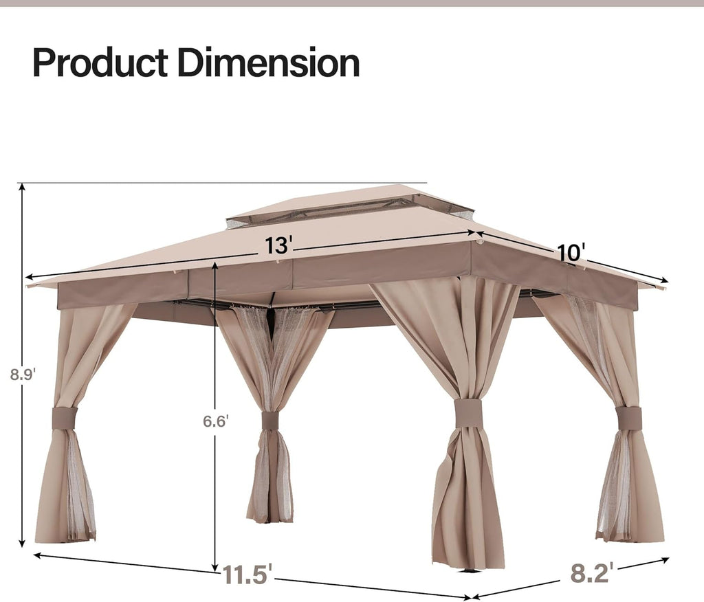 LAUSAINT HOME Semi-Permanent Outdoor Patio Gazebo 10'x13'  Heavy Duty Party Tent Shelter with Double Roofs  Mosquito Nettings and Privacy Screens for Backyard  Garden  Lawn  Khaki