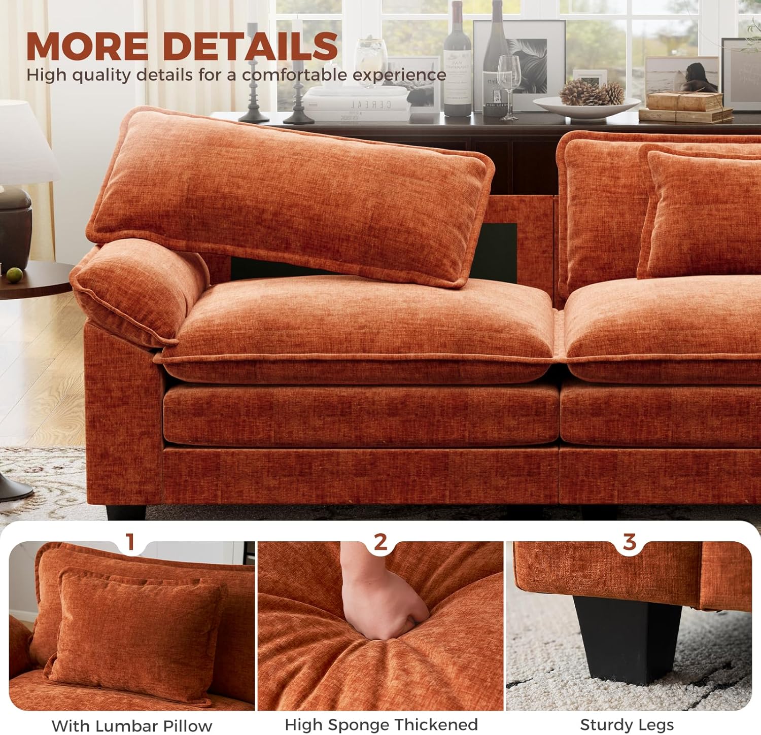 CDCASA 154" Oversized Modular Sectional Sofa, Comfy U-Shaped Cloud Couch w/ 3 Movable Ottomans, 7-Seater Chenille Deep Seat Modern Sofa Couch for Living Room, Terracotta Orange