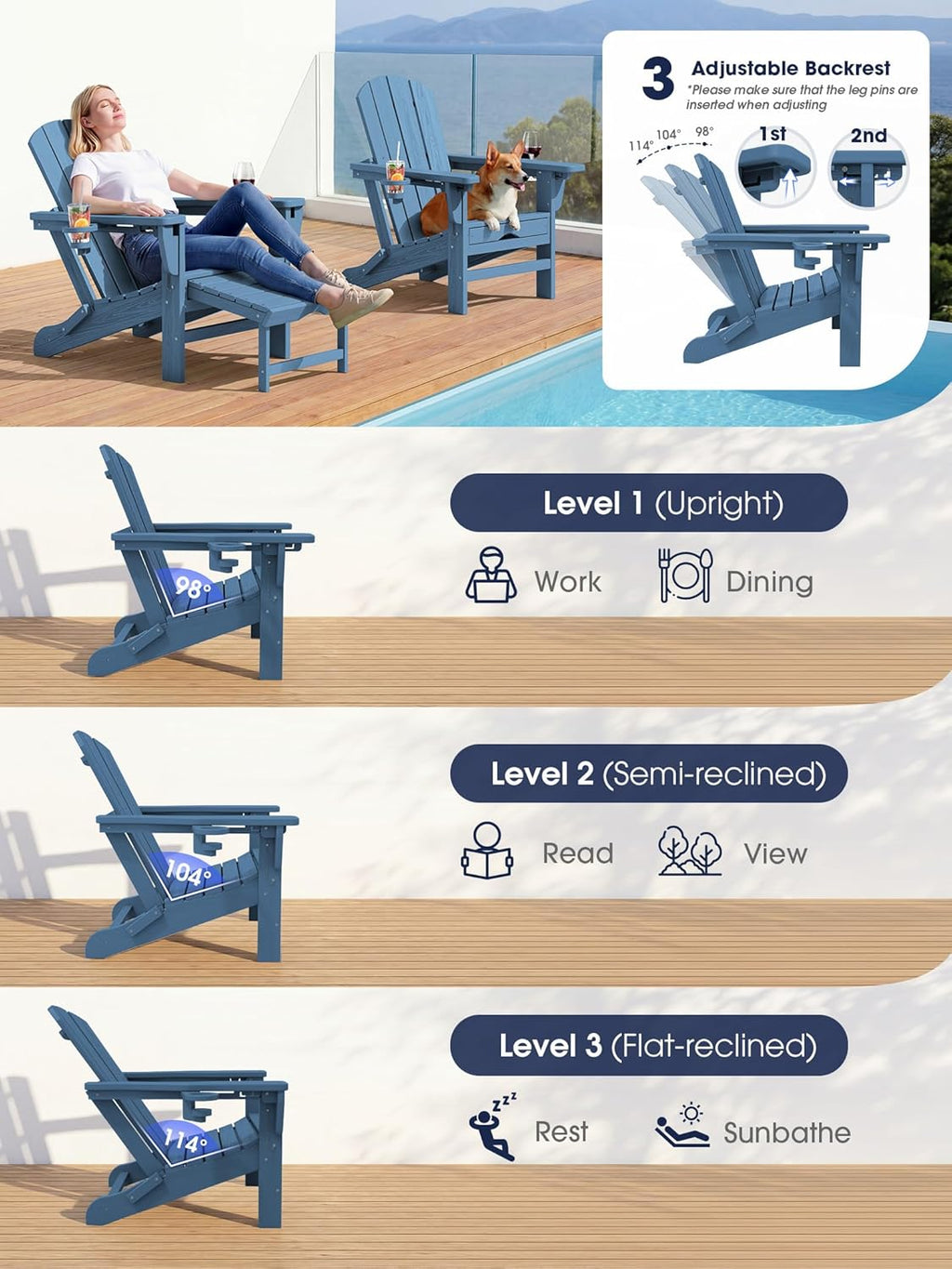 KINGYES Folding Adjustable Adirondack Chair with Retractable Ottoman  HDPE Recliner Adirondack Chair with Cup Holder  Blue