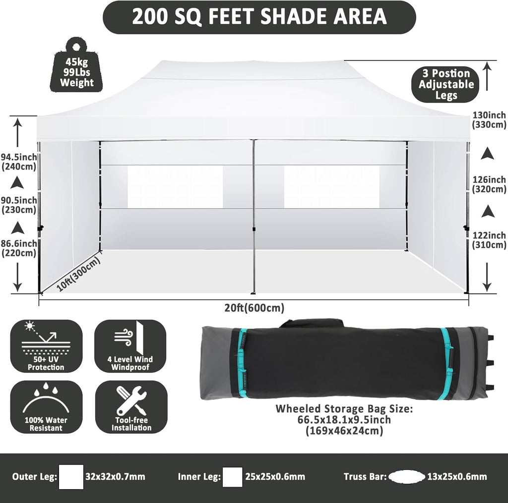 COBIZI 10x20 Pop Up Canopy with 6 Sidewall Heavy Duty Canopy UPF 50+ All Season Wind Waterproof Commercial Outdoor Wedding Party Tents for Parties Canopy Gazebo with Roller Bag(10 x 20 ft White)