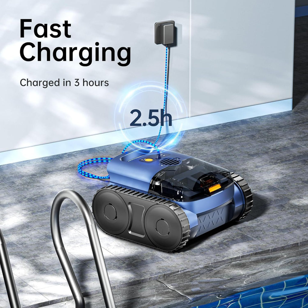 Cordless Robotic Pool Vacuum  Pool Cleaner with Track Drive & Sonar Navigation  180W Brushless Motor  Wall & Waterline Climbing  150-Min Runtime  for Inground Above-Ground 2150 Sq. Ft. (Dark Blue)