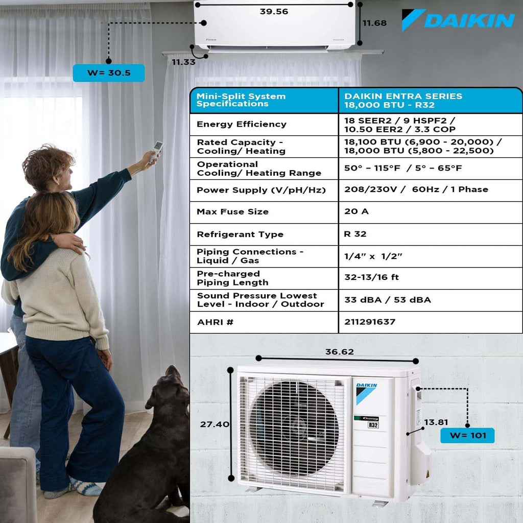 Daikin 18,000 BTU 18 SEER2 Entra R32 Series Ductless Mini Split Heat Pump System w/Maxwell All-Inclusive 15' Installation Kit and Wall Mounting Bracket (230V)