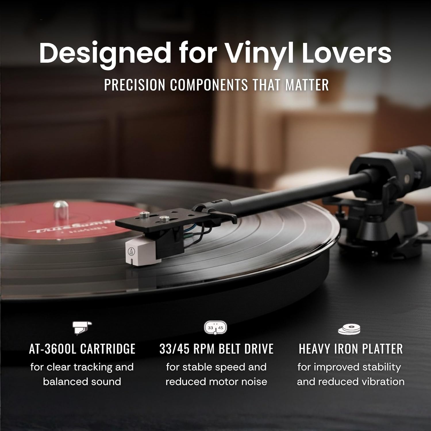 Hi-Fi Record Player with Speakers | Premium Vinyl Turntable with Bluetooth Capability | Built-in 4-Speaker Stereo System for Music Fans  Black Veneer + Gold Trim