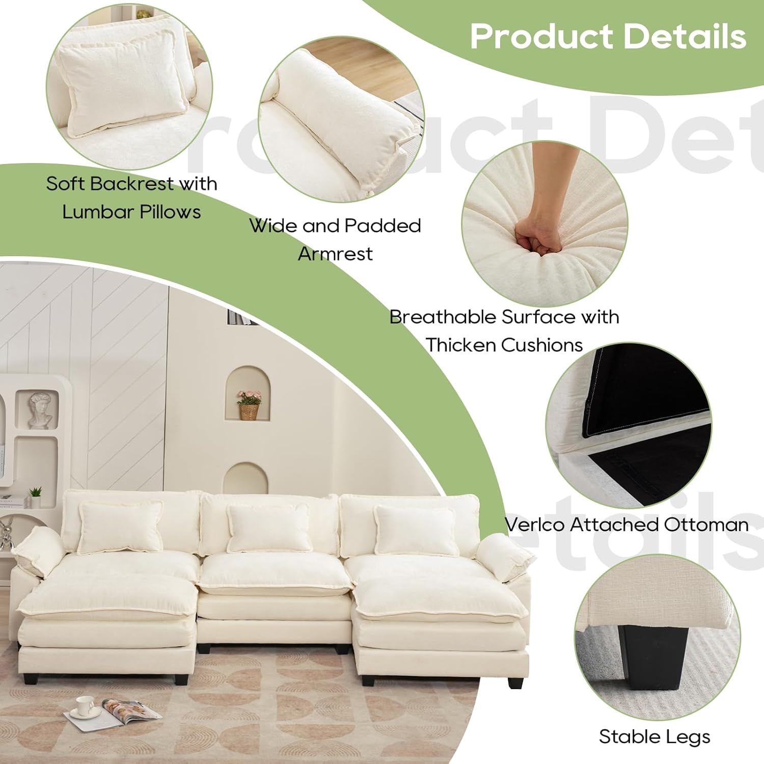 120" Modular Sectional Sofa, Comfy Cloud Couch Sectional Sofa with Ottoman, Chenille Sofa Sleeper Deep Seat Sofa with Throw Pillows for Living Room (Beige White, 120"- U Shape)