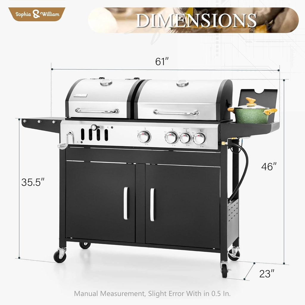 Sophia & William Charcoal and Propane Gas Grill Combo with Side Burner & Porcelain-Enameled Cast Iron Grate  Dual Fuel BBQ Grill for Outdoor  Barbecue Grill  690 SQIN Cooking Area
