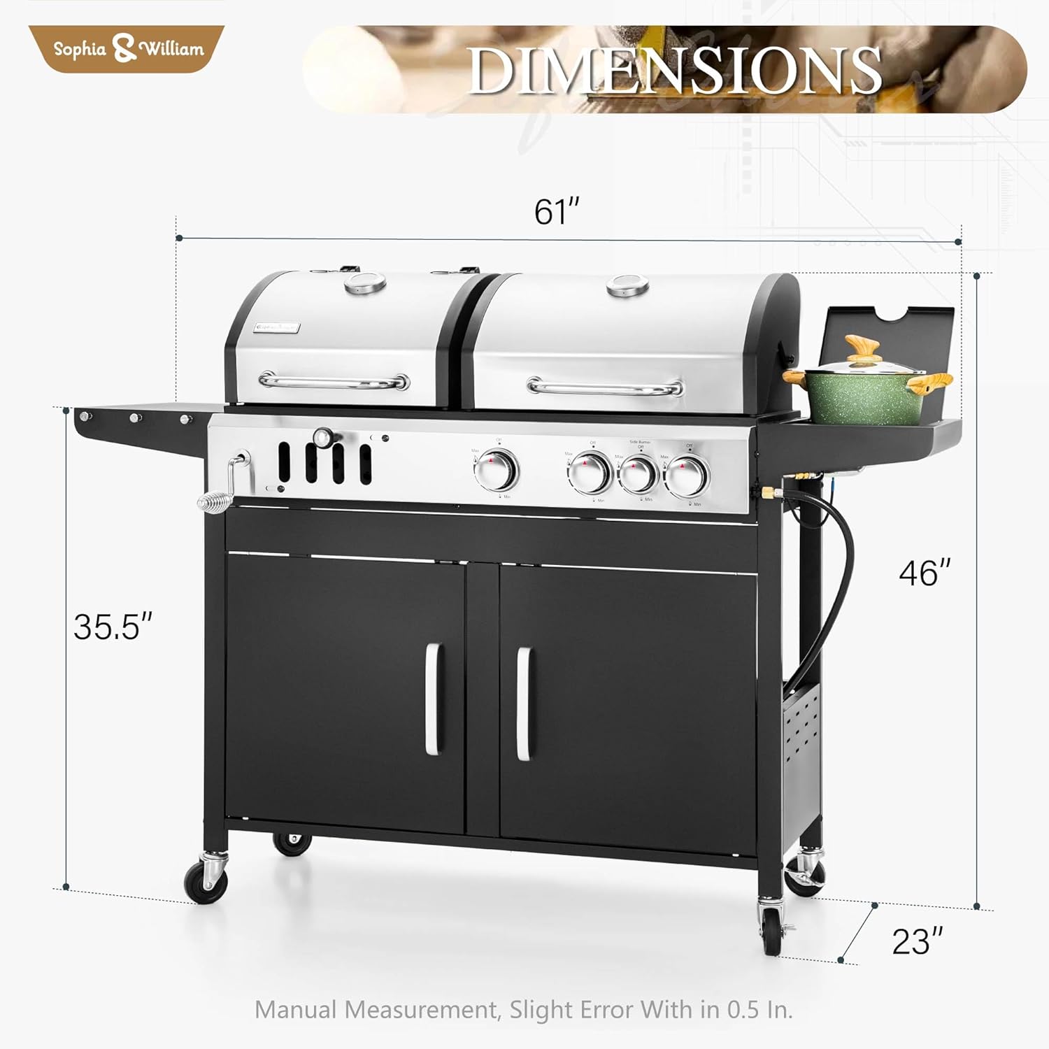Sophia & William Charcoal and Propane Gas Grill Combo with Side Burner & Porcelain-Enameled Cast Iron Grate  Dual Fuel BBQ Grill for Outdoor  Barbecue Grill  690 SQIN Cooking Area