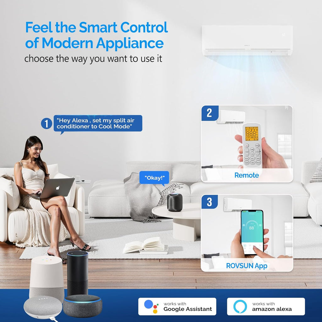 ROVSUN 9,000 BTU Smart WIFI Mini Split AC/Heating System with Inverter & APP Control, 24 SEER2 Ductless Split Air Conditioner with Pre-Charged Condenser, Heat Pump & Installation Kit, 115V