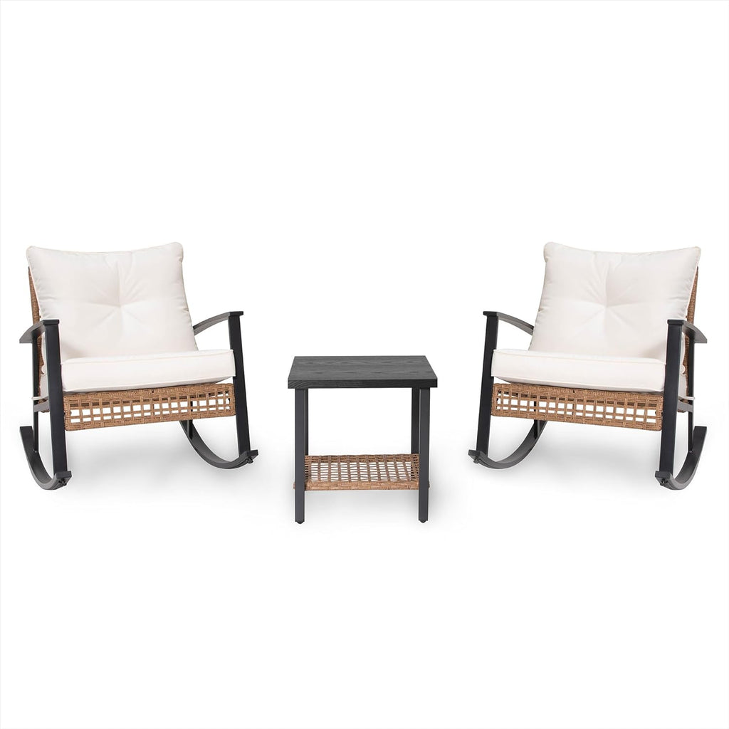 LAUSAINT HOME 3-Piece Rocking Bistro Set  Outdoor Patio Furniture with Thick Cushions and 2-Tier Coffee Table  Oversize Rattan Conversation Set for Garden  Balcony  Backyard (Beige)