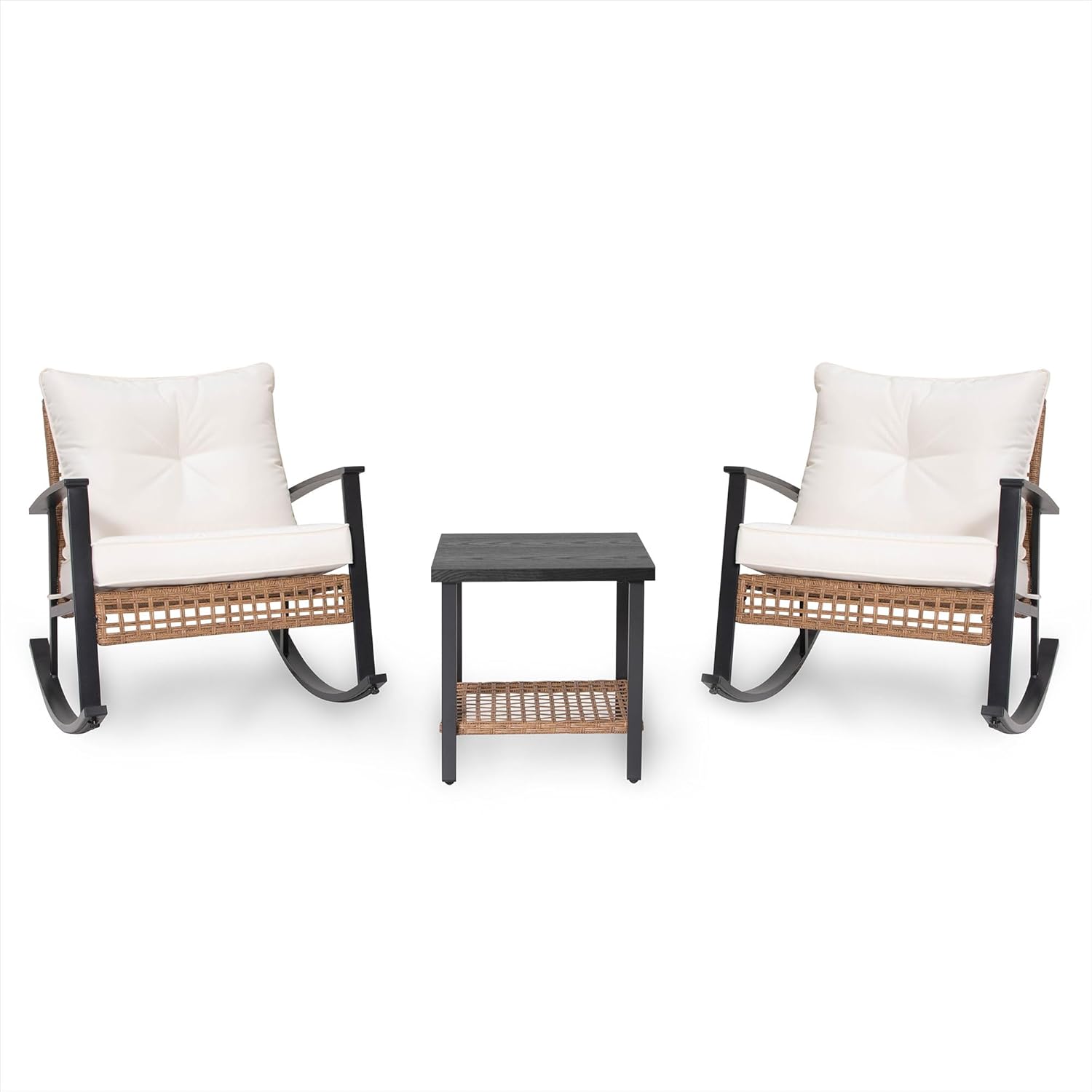 LAUSAINT HOME 3-Piece Rocking Bistro Set  Outdoor Patio Furniture with Thick Cushions and 2-Tier Coffee Table  Oversize Rattan Conversation Set for Garden  Balcony  Backyard (Beige)