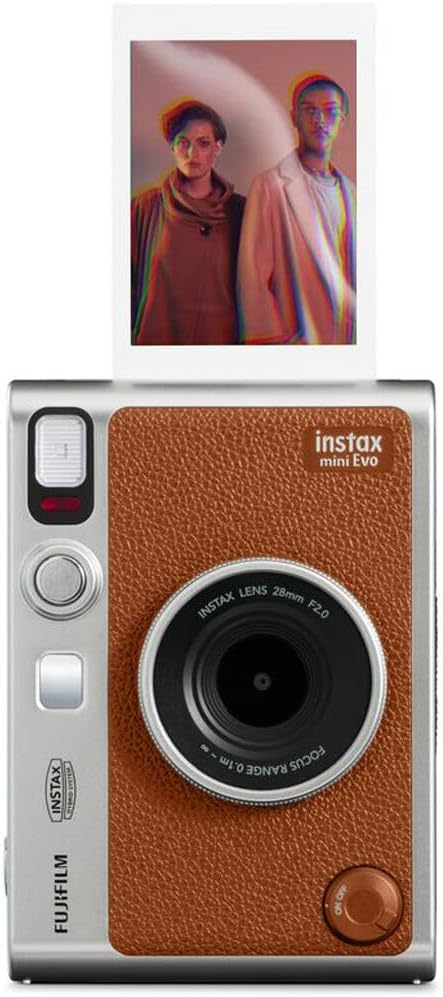 FUJIFILM INSTAX MINI EVO Hybrid Instant Camera (Brown) Bundle with Fuji Instax-Mini-Instant Film Value Pack (40 Sheets) + 32GB Memory Card + Carrying Case + Photo Album 64 Pockets + Cleaning Cloth